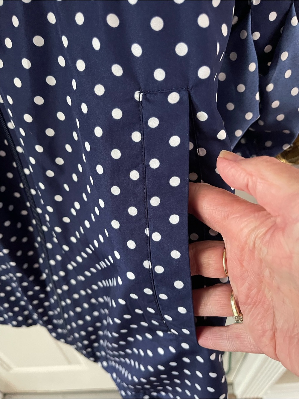 Modcloth Navy and White Polka Dot Rain Coat with Red Drawstrings - Picture 6 of 9